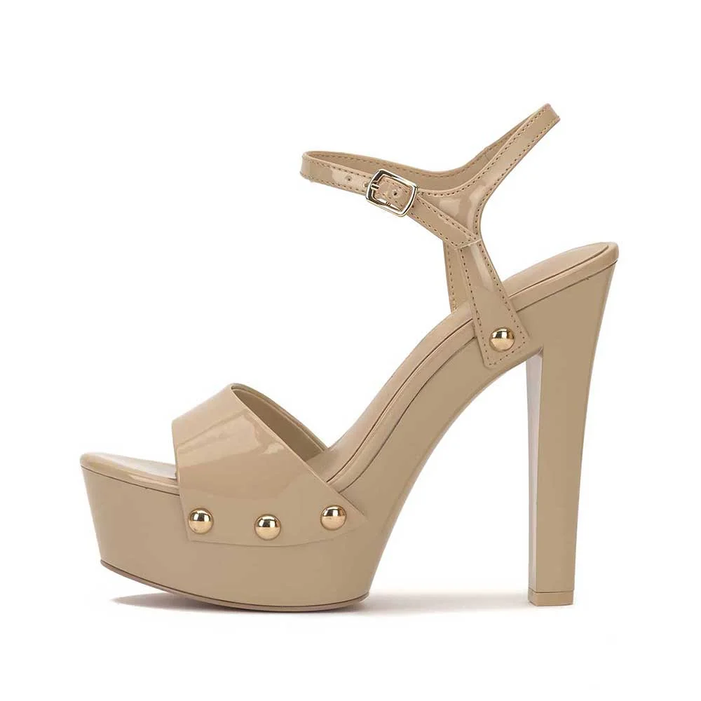 Beige Patent Leather Studded Ankle Strappy Platform Heeled Sandals    Nicepairs