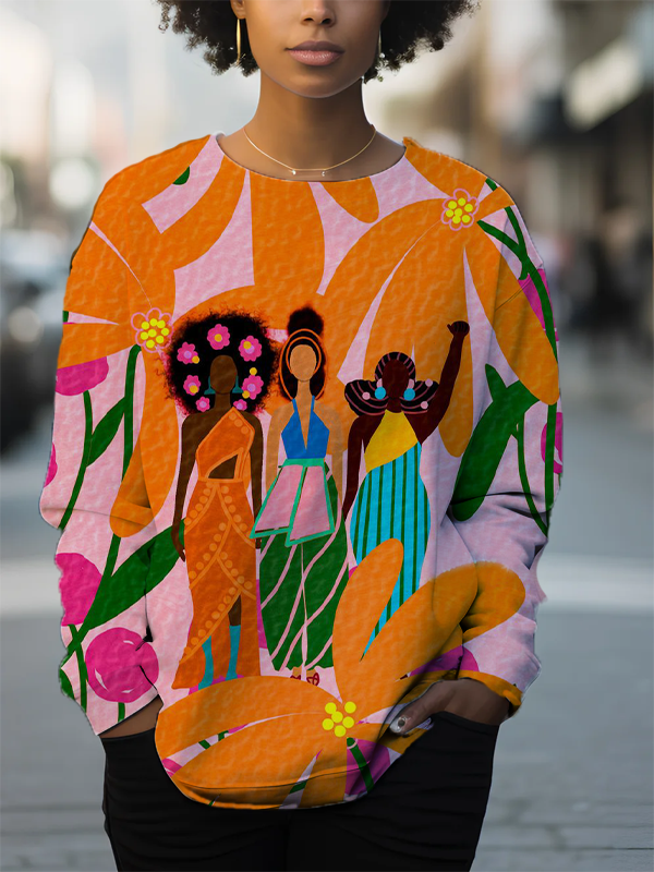 Women's Woman Power Flower Art Print Casual Sweatshirt
