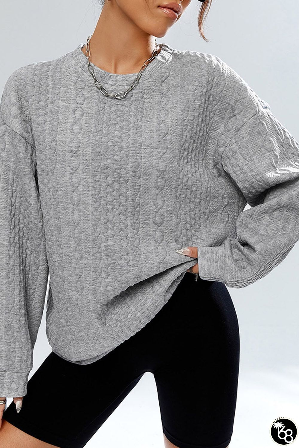 Gray Cable Textured Drop Shoulder Pullover Sweatshirt | 168DEAL