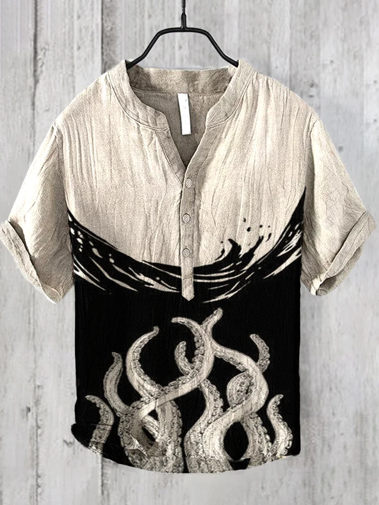 Comstylish Ocean Octopus Japanese Art Linen Blend Shirt