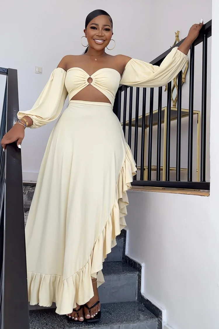 Cut Out Off Shoulder Lantern Sleeve Backless High Slit Ruffled Maxi Dresses