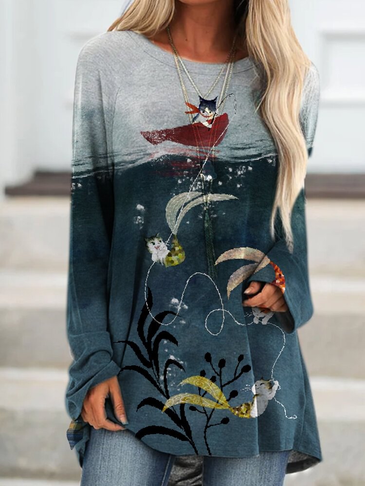 Vintage Cat Printed Long Sleeve O-neck Asymmetrical T-shirt For Women - Shop Trendy Women's Clothing | LoverChic