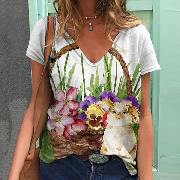 Casual Easter Bunny Botanical Print T-Shirt