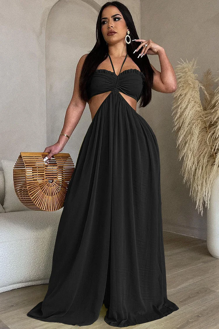 Ruffled Tied Halter Backless Loose Vacation Jumpsuit