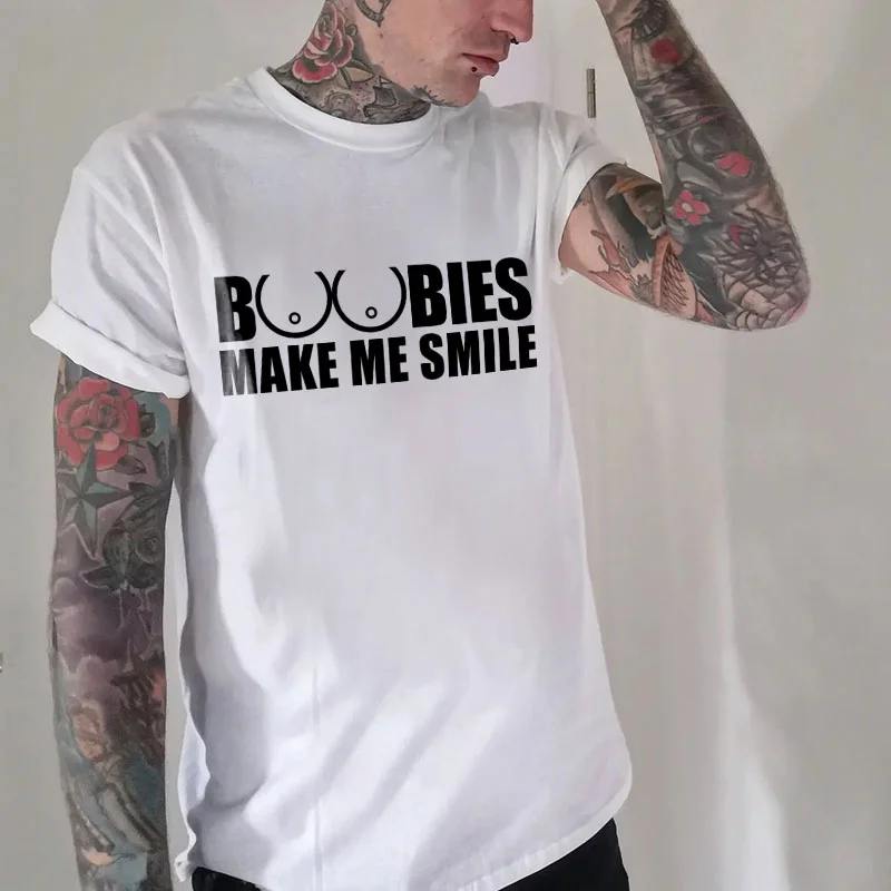 BOOBIES MAKE ME SMILE Graphic Black Print T-shirt