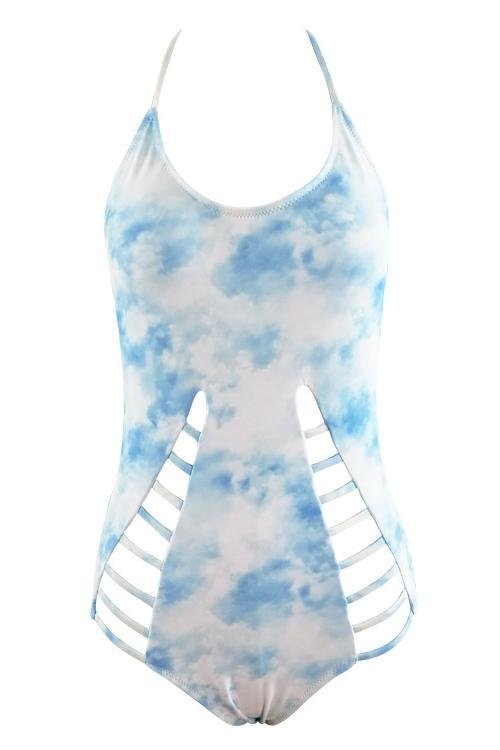 Light Blue Tie Dye Halter High Neck Strappy Cutout Sexy One Piece Swimsuit - Shop Trendy Women's Clothing | LoverChic