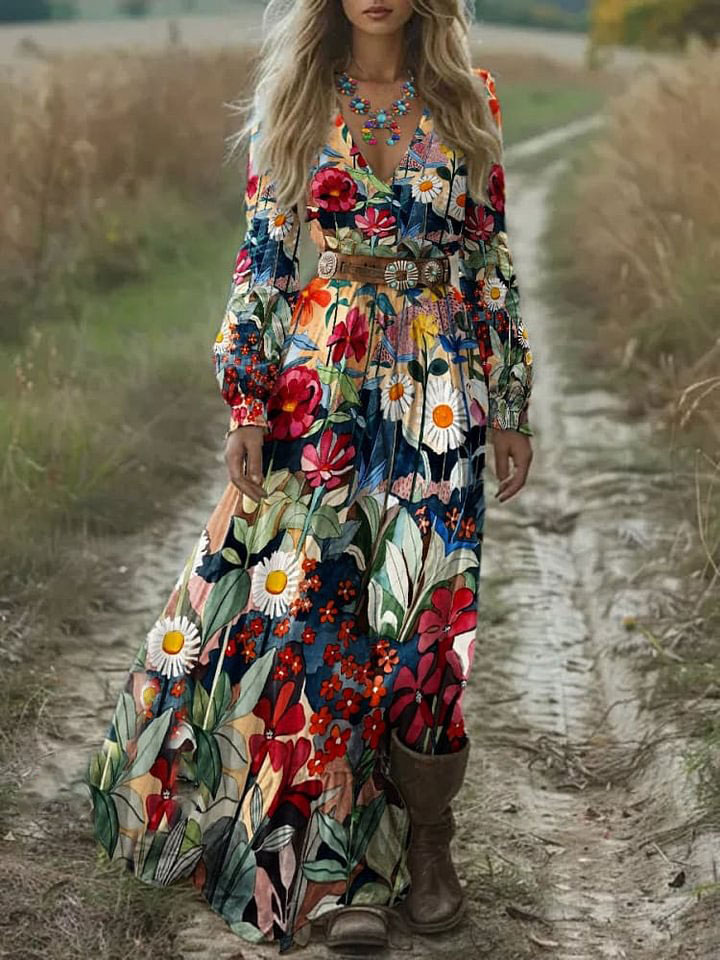 Women's Vintage Color Clash Floral Art Print Casual Round Neck Pocket Cotton Dresses main image 0