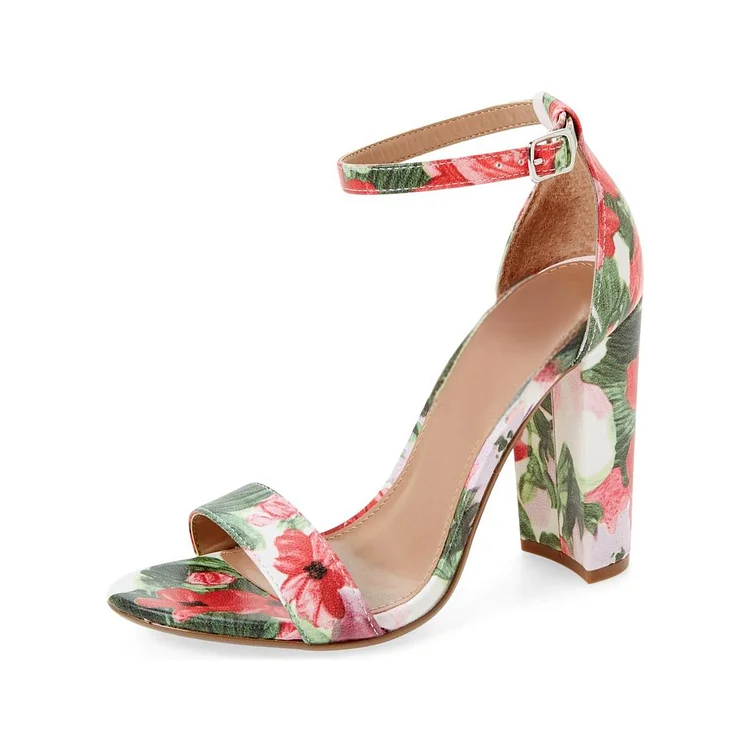 Flower Chunky Heel Floral Ankle Strap Sandals with Open Toe Vdcoo