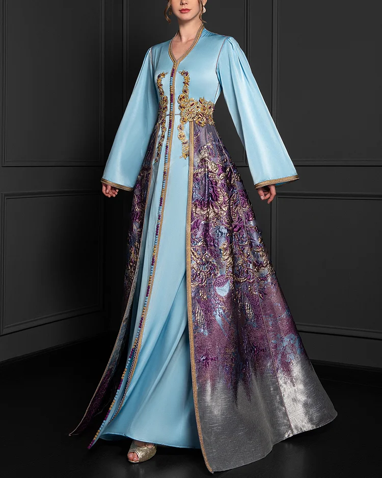 Women's V Neck Long Sleeve Embroidered Dress 