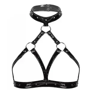 pornhint Pornhint Women Wet Look Sexy Cupless Hollow Out PVC Leather Bra Tops Halter-neck Lingerie