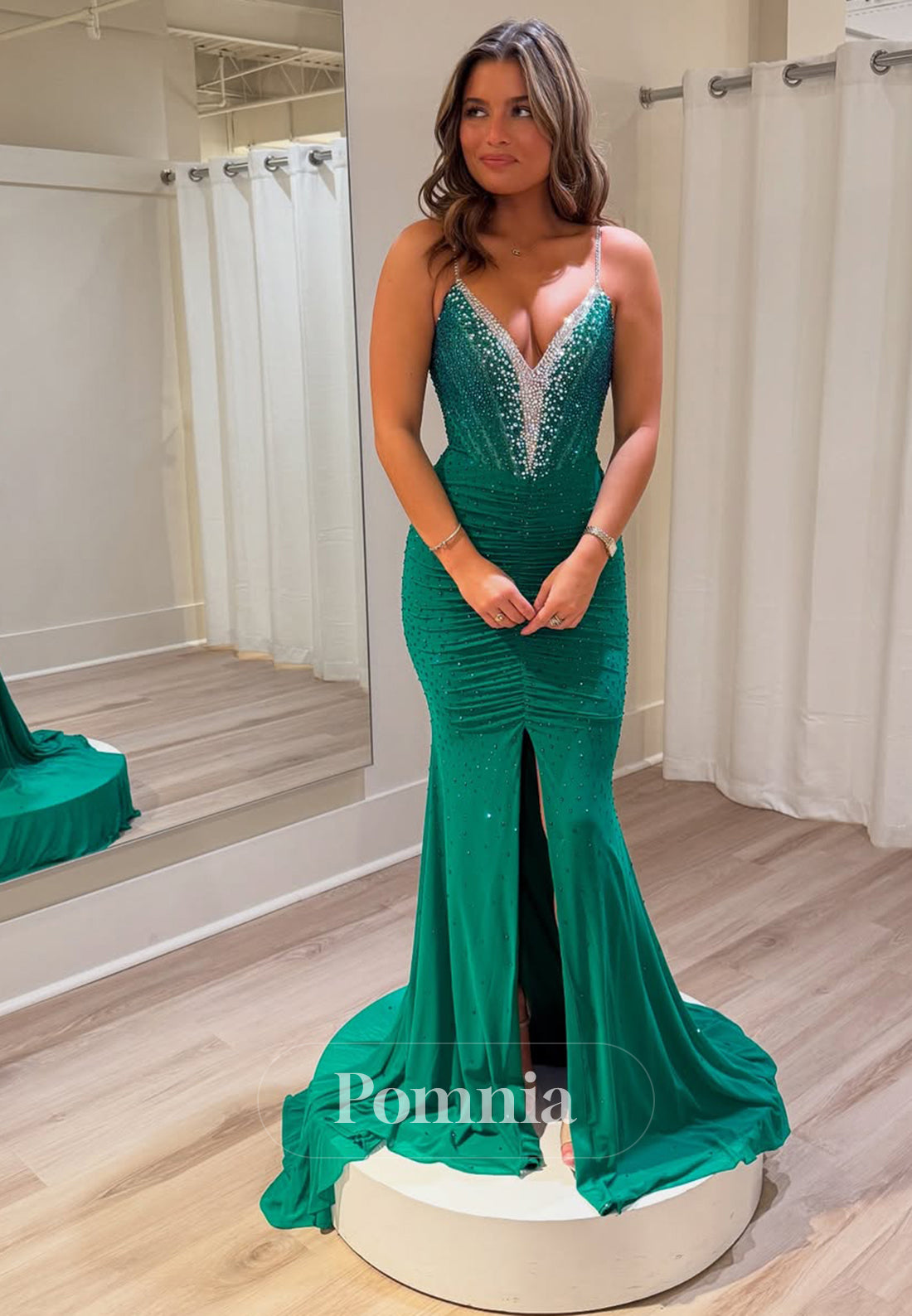 Jade Spaghetti Straps V-Neck Prom Dress with Sequins Slit Evening Party  Dress