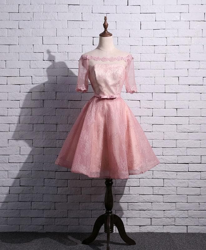 Pink Lace Short Prom Dress, Pink Homecoming Dress
