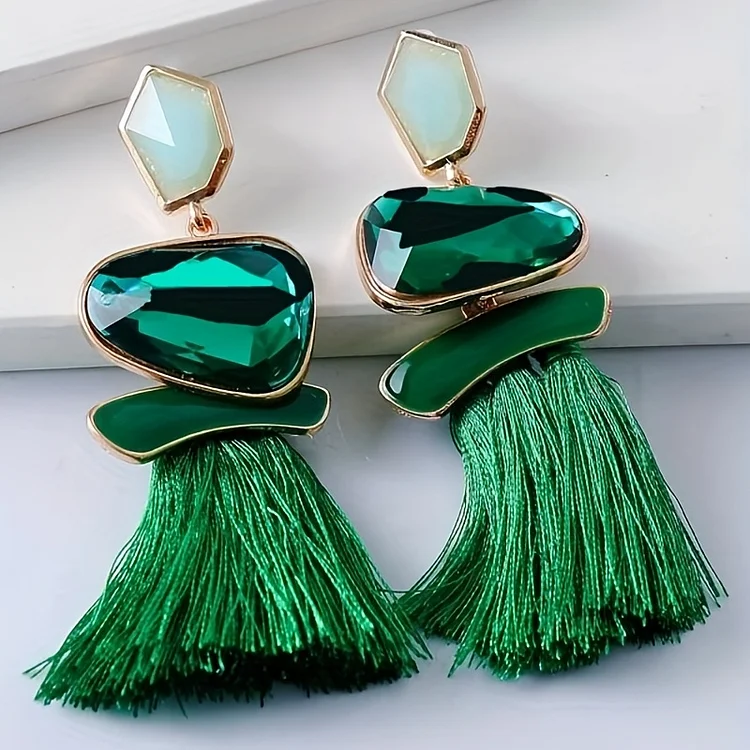 Green Synthetic Gems & Threads Tassel Design Dangle Earrings Bohemian Ethnic Style Trendy Female Gift
