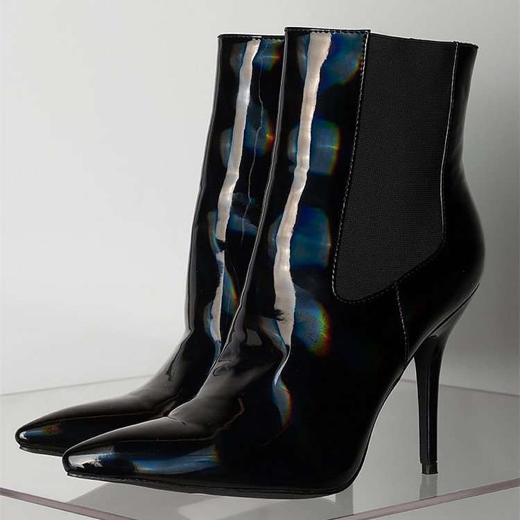 Black Patent Leather Chelsea Boots Stiletto Heel Ankle Boots |FSJ Shoes