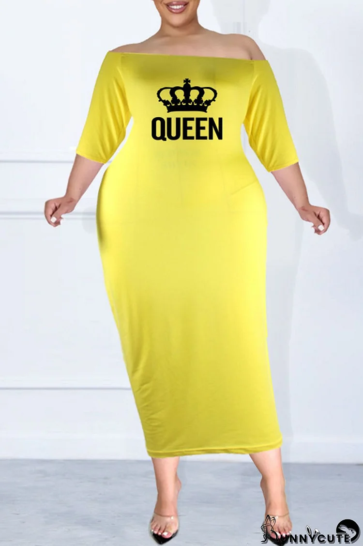 Yellow Sexy Casual Print Split Joint Off the Shoulder One Step Skirt Plus Size Dresses