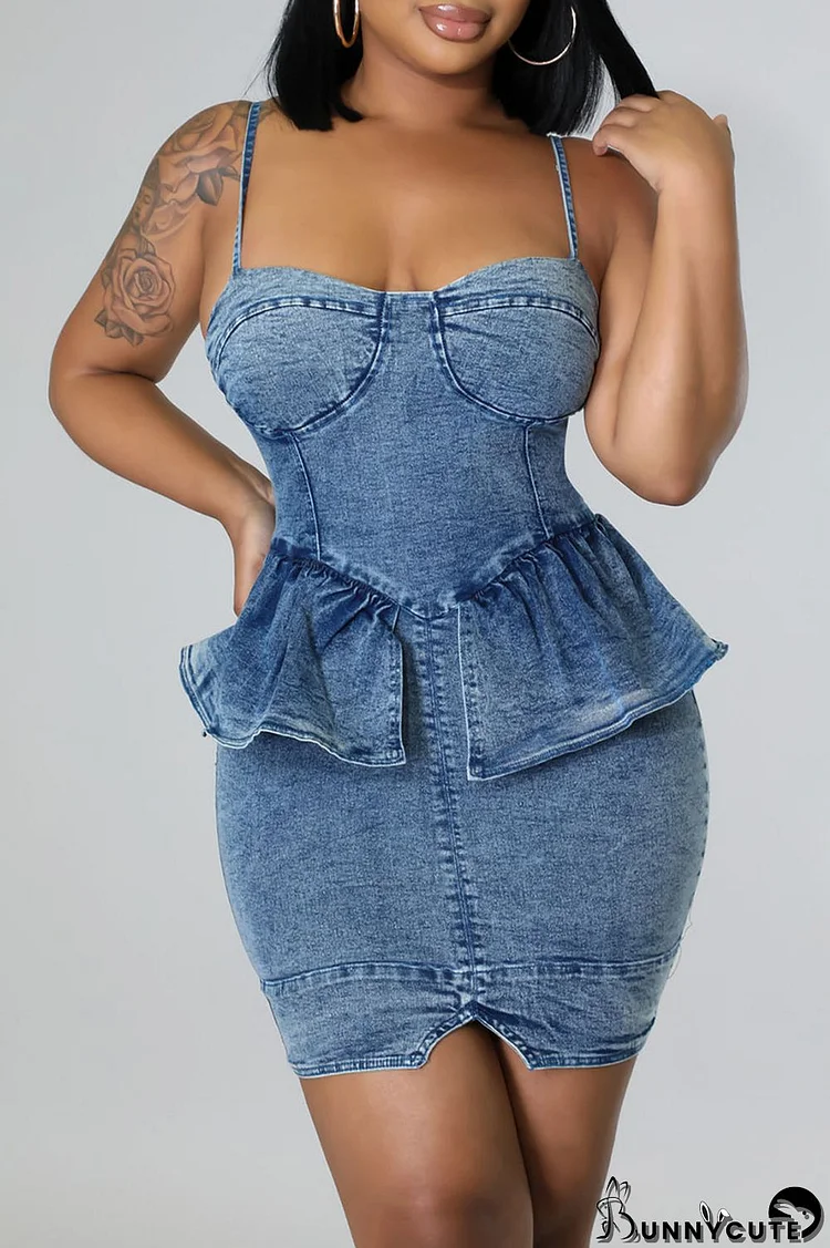 The cowboy blue Fashion Sexy Solid Patchwork Backless Spaghetti Strap Sleeveless Skinny Denim Dresses