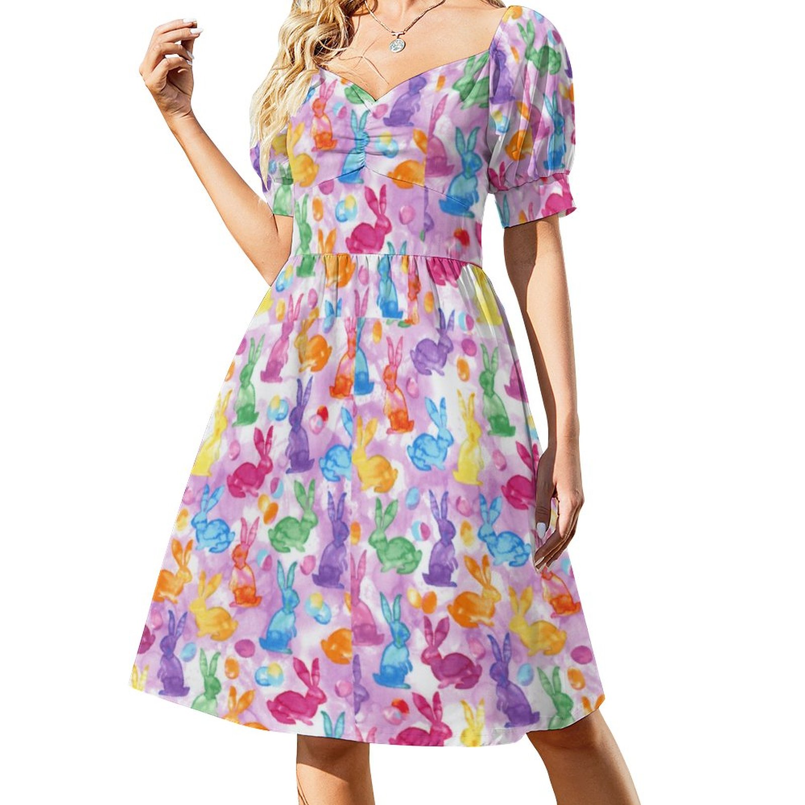 women's boho easter dress SFNEEWHO Colorful Easter Pastel Dress Women Boho High Waist Flared Puff  Sleeve Cute Sweetheart Midi Dress