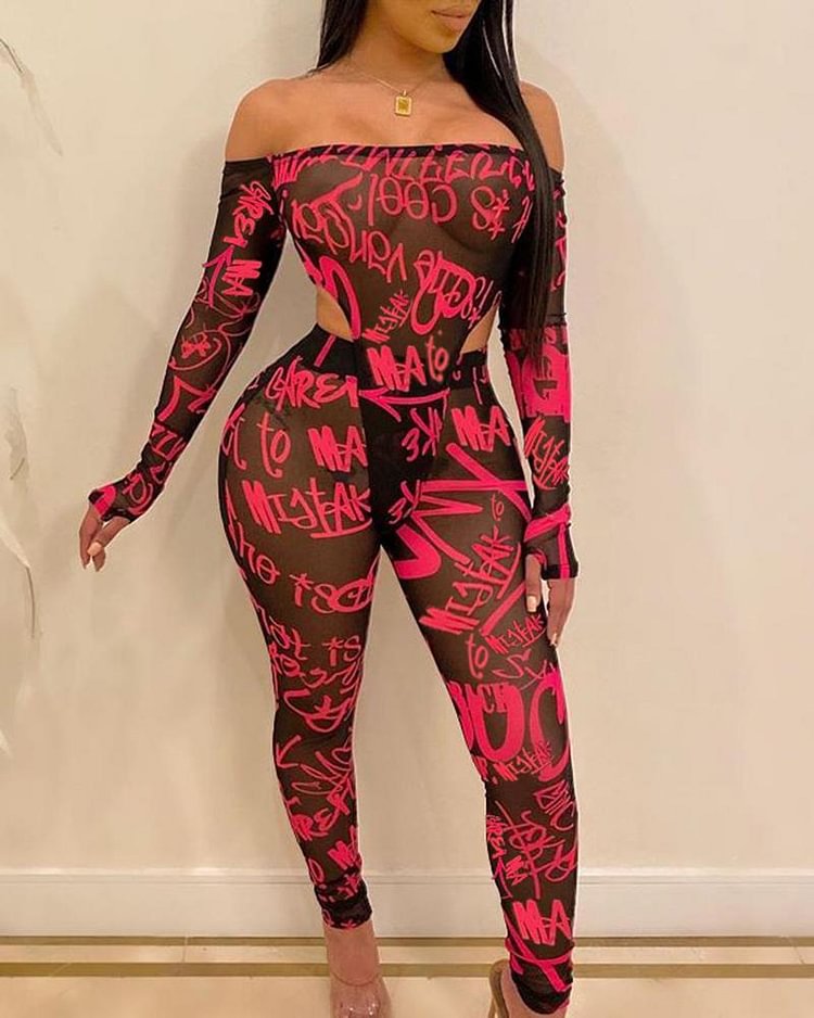 Graffiti Print Sheer Mesh Off Shoulder Bodysuit & Pants Set - Shop Trendy Women's Clothing | LoverChic