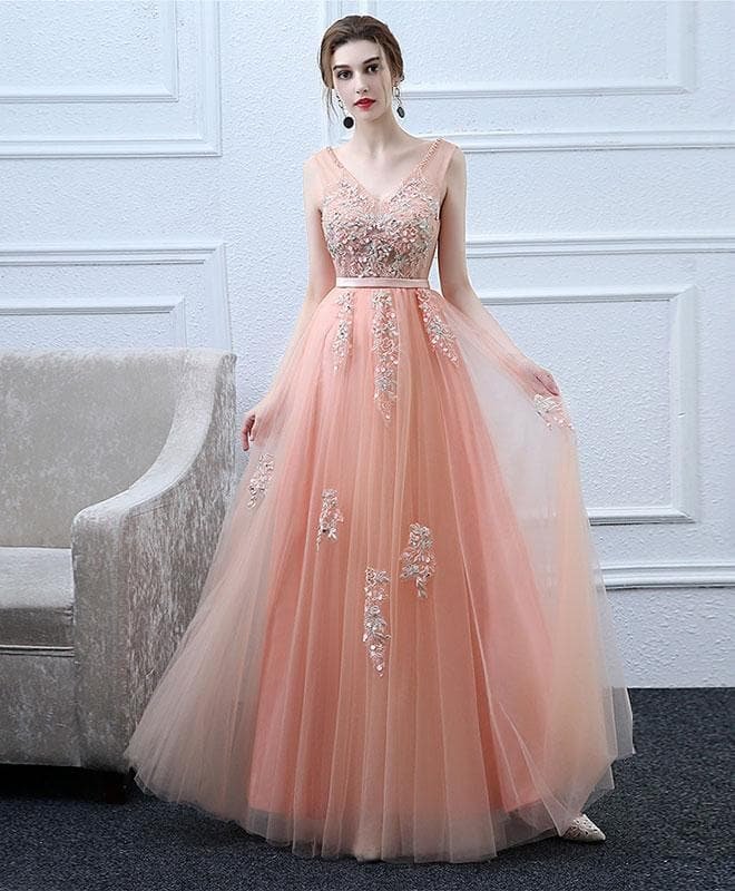 Pink V Neck Tulle Lace Long Prom Dress, Lace Evening Dress