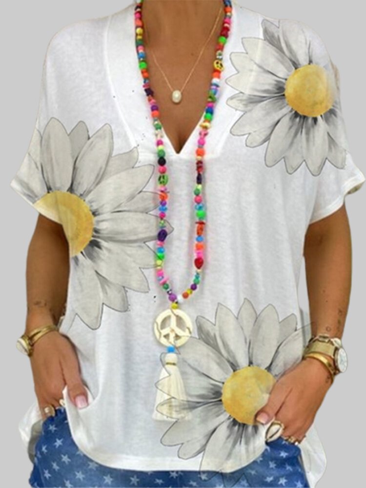 Daisy Flower Letter Print Short Sleeve Casual T shirt For Women P1698528