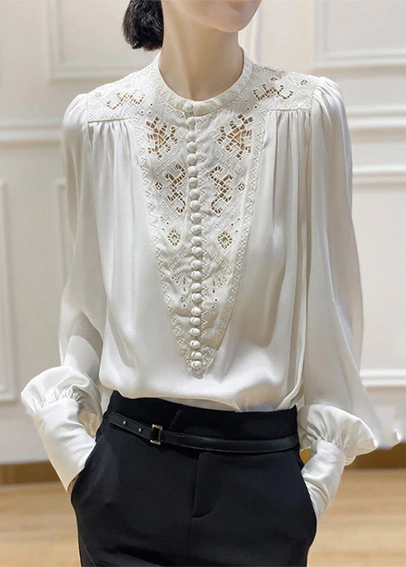 Cozy White O-Neck Embroideried Floral Shirt Long Sleeve