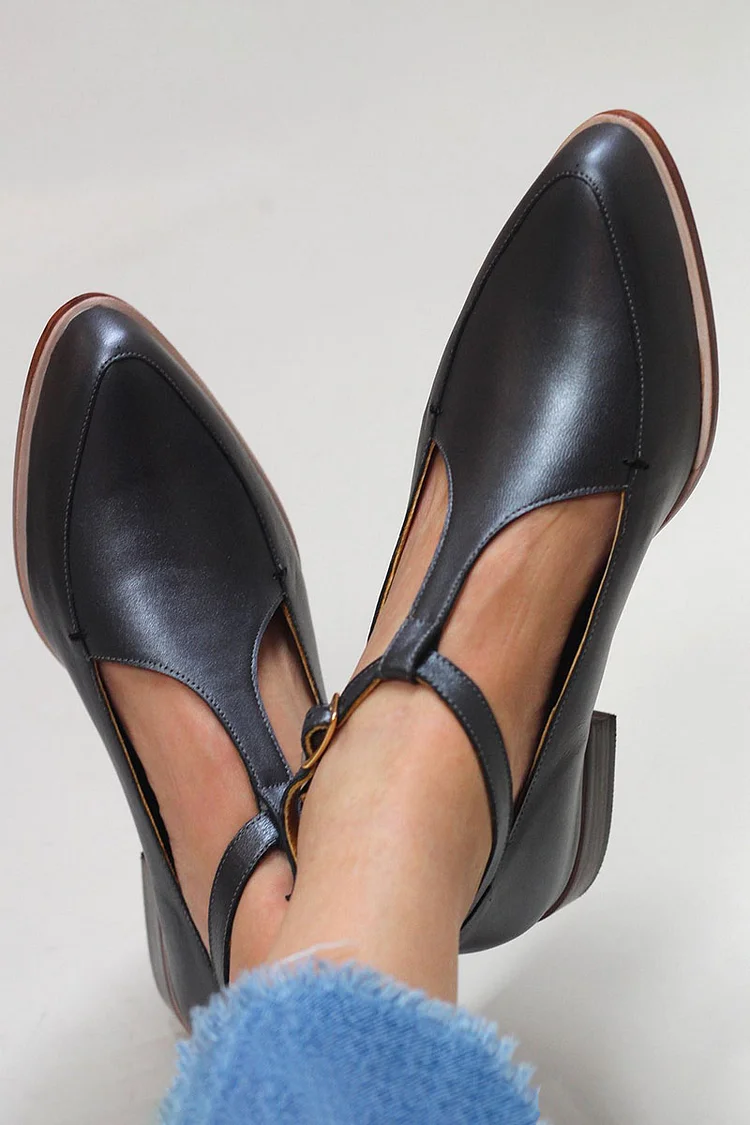 Matte Leather T-Strap Pointy Toe Retro Flats
