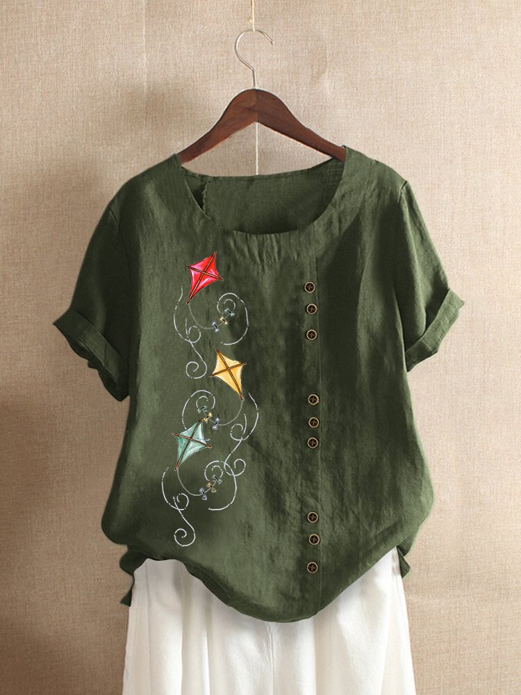Casual Cartoon Print Button Crew Neck Short Sleeve T Shirt P1654282