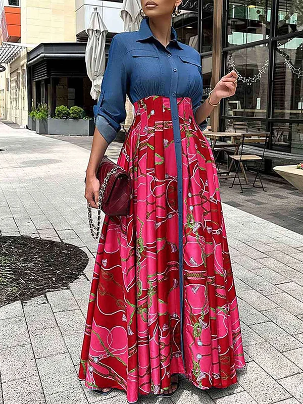 Buttoned Pleated Printed Split-Joint High Waisted Long Sleeves Lapel Maxi Dresses