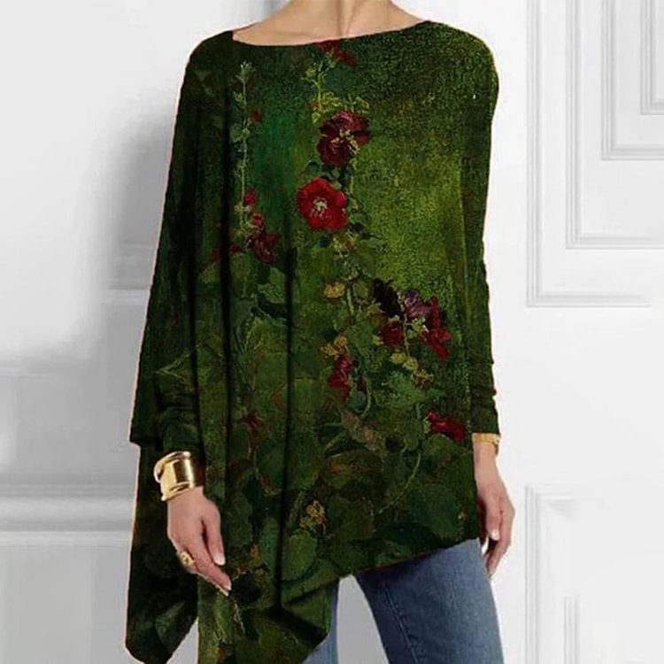 VChics Floral Printed Irregular Hem Long Sleeve Casual T-Shirt