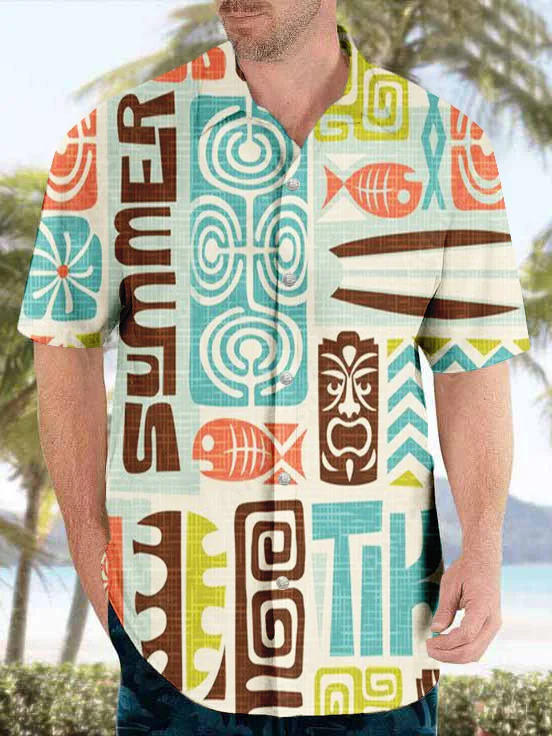 Men's Abstract Ethnic Pattern Fish Holiday Hawaii Art Print Casual Shirt