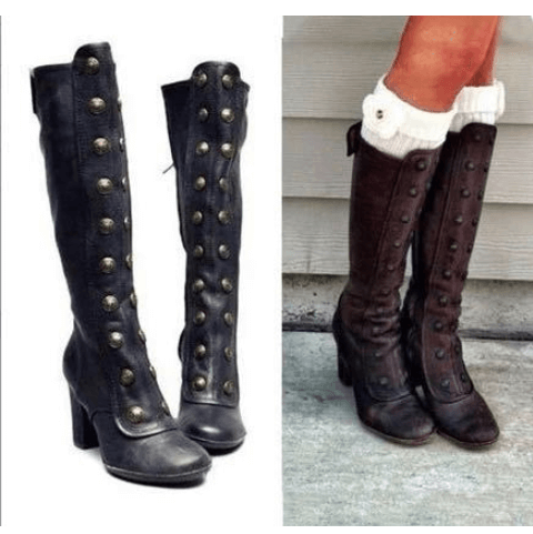 VCSHOES Leather High Heel Rivet Knee High Boots