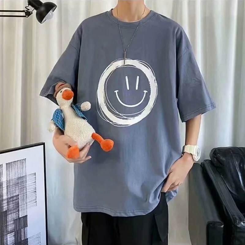 Aonga  Spring Summer Smiley Face Print T-Shirt Fresh Simple Style Fashion Street Crew Neck Clothes Hip Hop Harajuku Couples Streetwear