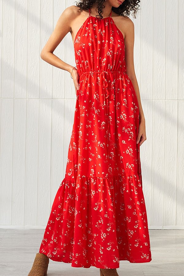 Red Backless Halter Ruffle Maxi Dress - Life is Beautiful for You - SheChoic