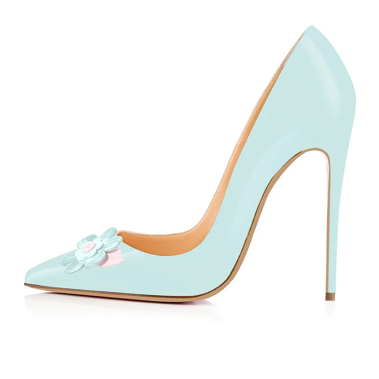 Patent Leather Pointy Toe Pumps with Flower Details Vdcoo