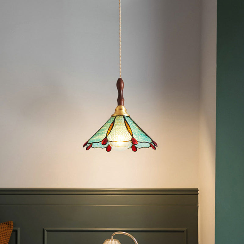 Traditional French Stained Glass Conical Shade 1-Light Pendant Light For Living Room