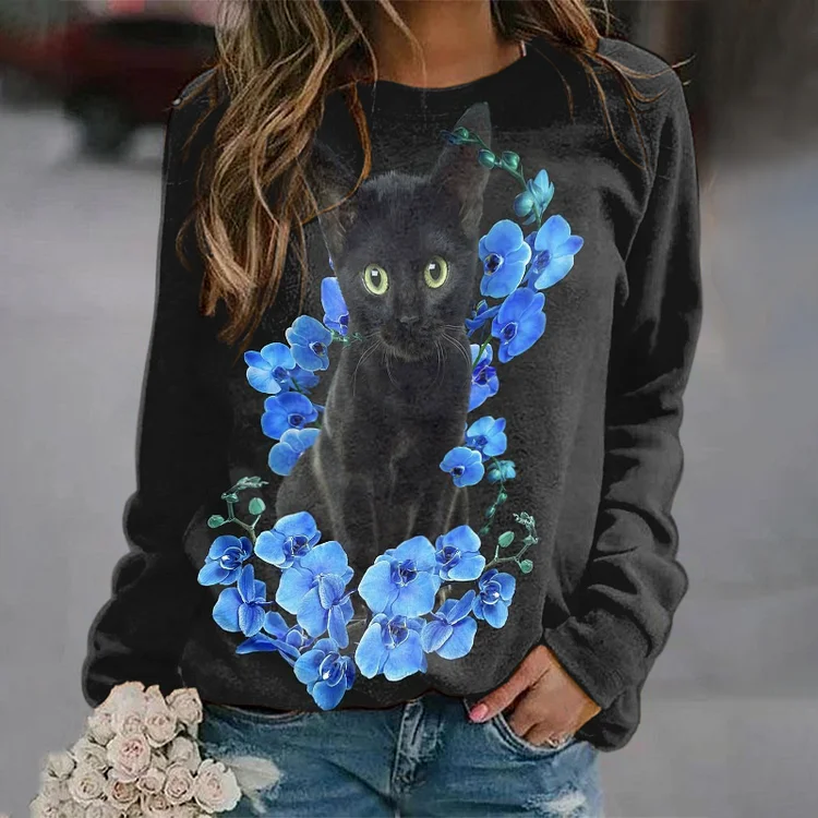 Vefave Round Neck Cat Flower Print Long Sleeve Sweatshirt