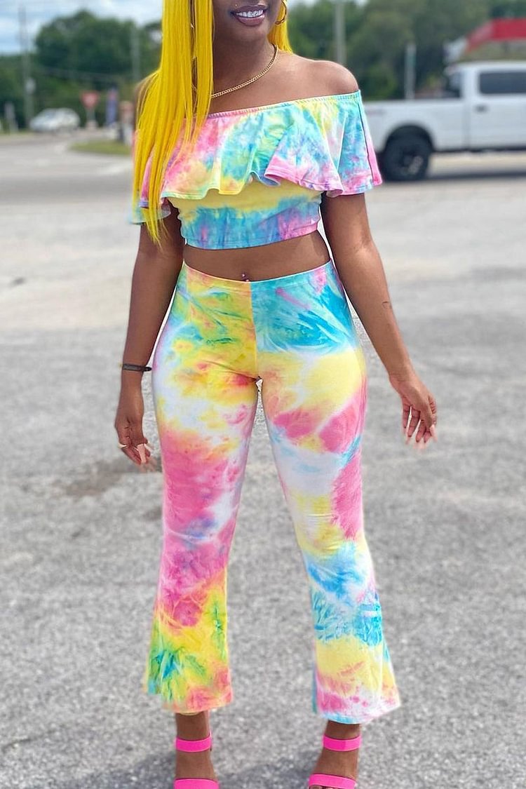 Rainbow Tie Dye Off- Shoulder Lotus Leaf Collar Pants Sets