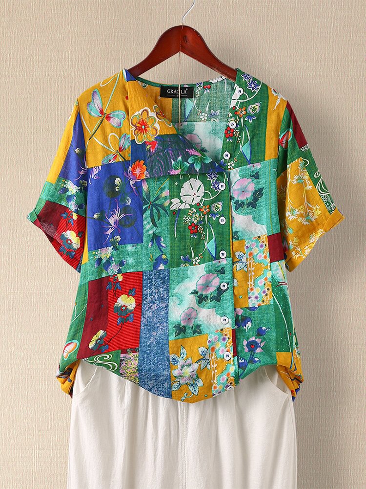 Floral Print Patchwork Short Sleeve Asymmetrical Button Casual Blouse P1690938