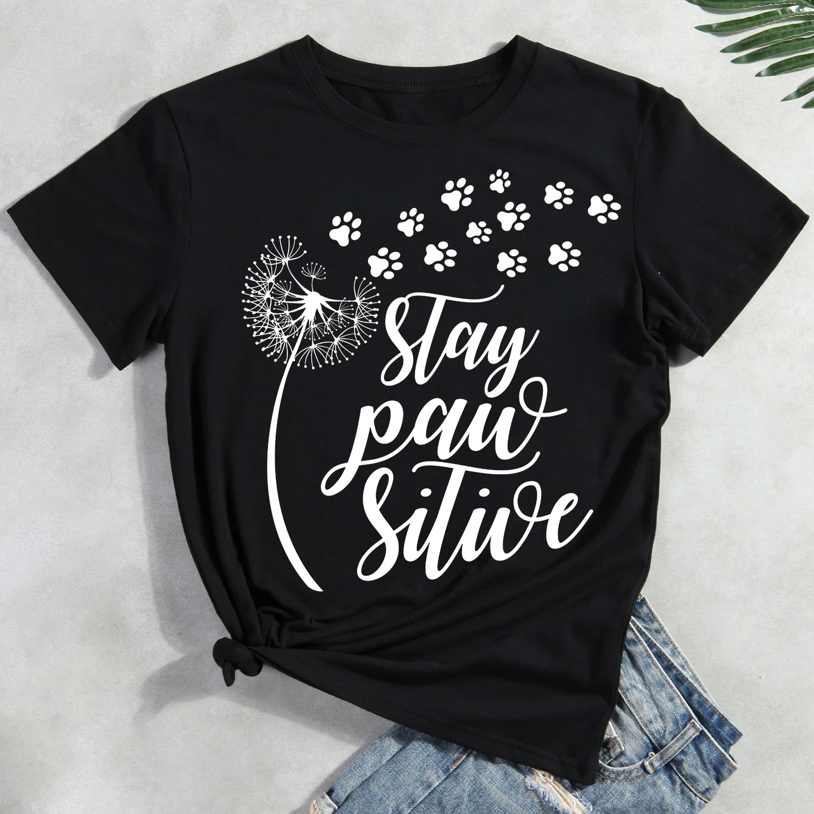 Stay Pawsitive  dandelion funny  Pet Animal Lover T-shirt Tee -012180-Guru-buzz