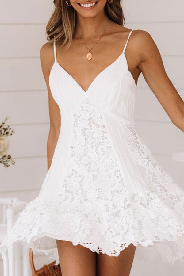 White Lace Spaghetti Straps Dress - Life is Beautiful for You - SheChoic