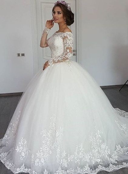 Dresseswow Beautiful Long Sleeves Off-the-Shoulder Ball Gown Wedding Dress Lace Appliques