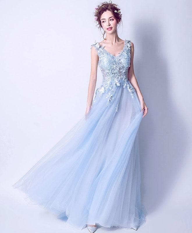 Blue V Neck Tulle Lace Long Prom Dress, Blue Evening Dress