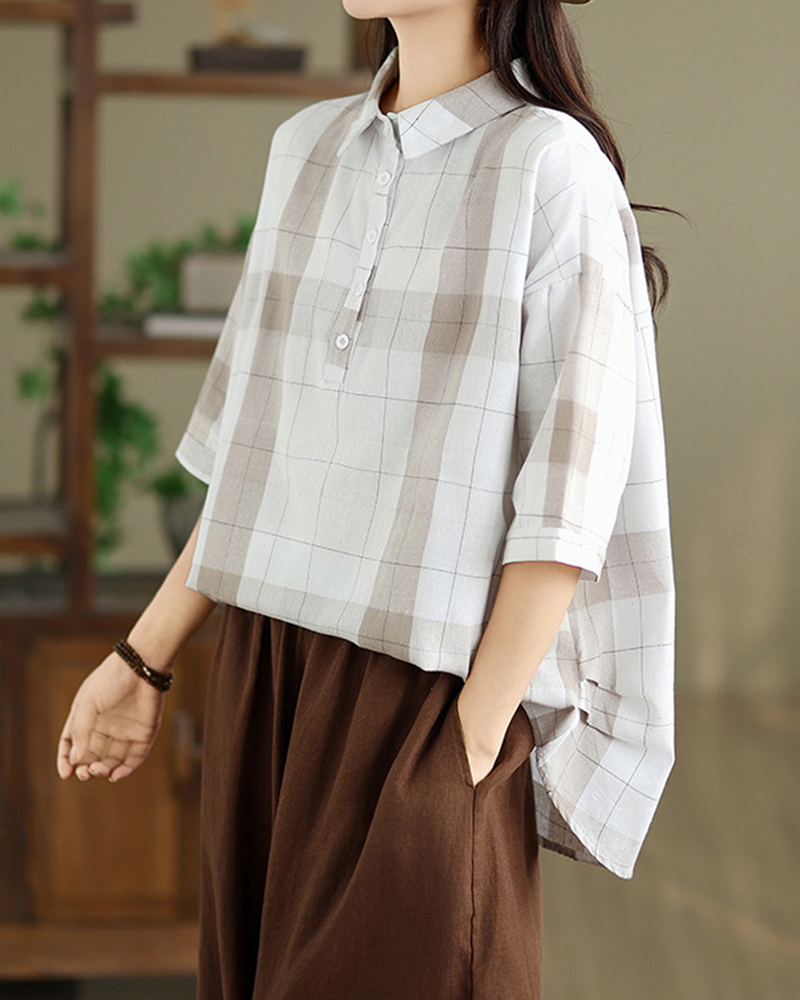 Plaid Three Quarter Sleeve Button Lapel Shirt