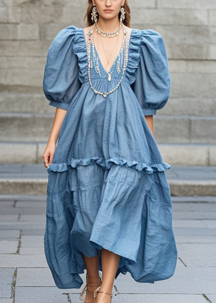 Blue Florals Puff Sleeve Maxi Dress main image 0
