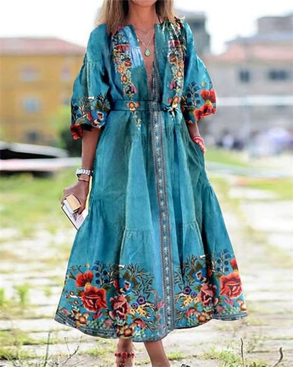 bohemian floral print plunging neck 3 4 sleeves maxi dress p361712