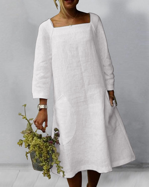 Cotton Linen Lace Three Quarter Sleeves Casual Dress
