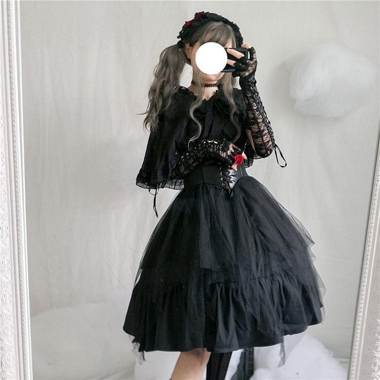 Red Black Mesh Sleeveless Gothic Ruffle Dress SP15204