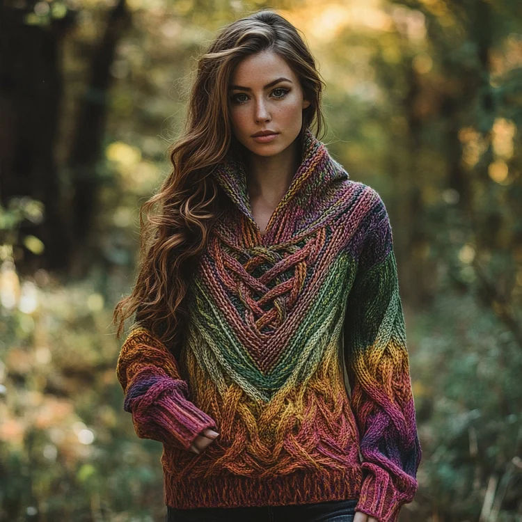 Women's Celtic Knotted Color Jacquard Hooded Sweater
