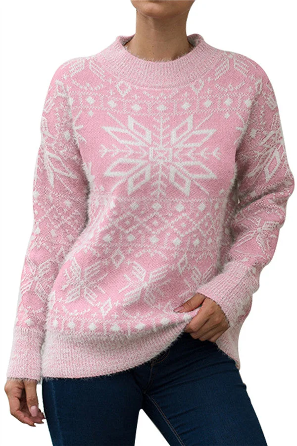 Snowflake Christmas Pullover Sweater Pink-elleschic