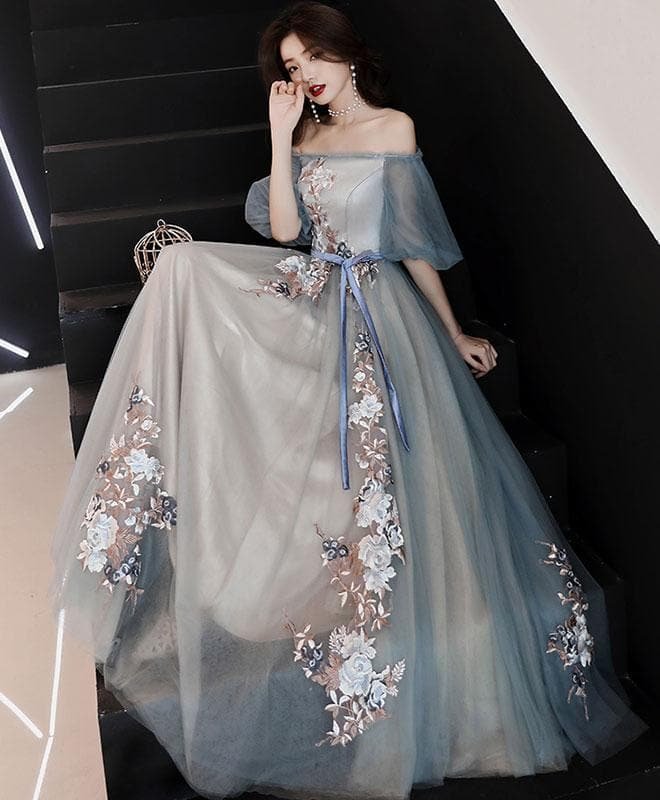 Gray Blue Tulle Lace Long Prom Dress, Gray Blue Evening Dress